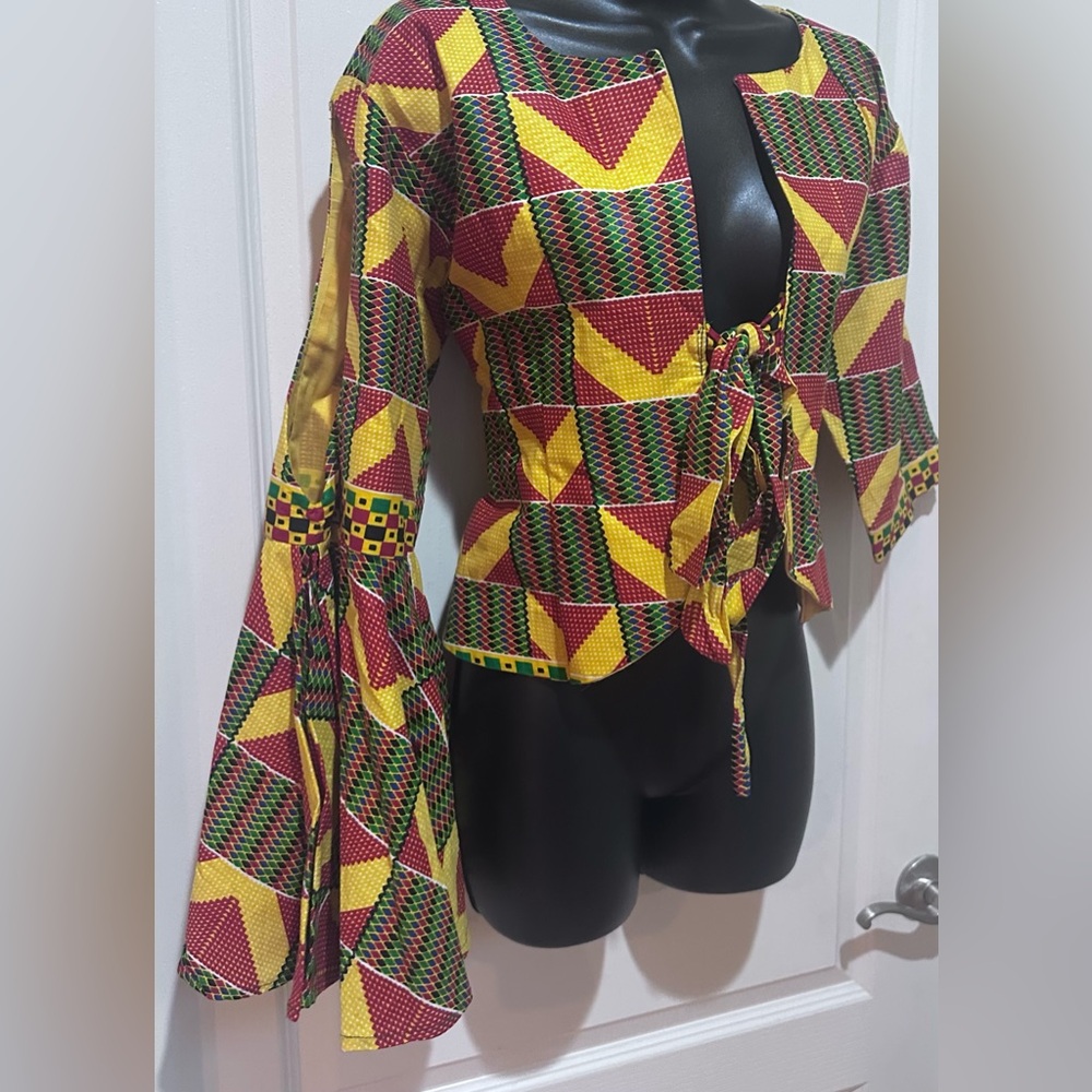Upcycled handmade Vibrant Multicolor one sleeve peplum tie front Top size M - Picture 5 of 7